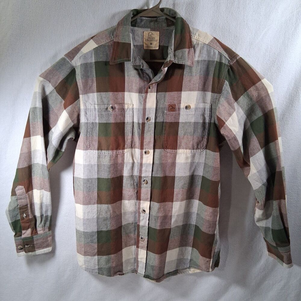 Ducks Unlimited Shirt M Plaid Soft Brown Green Tan Flannel Outdoors 100% Cotton